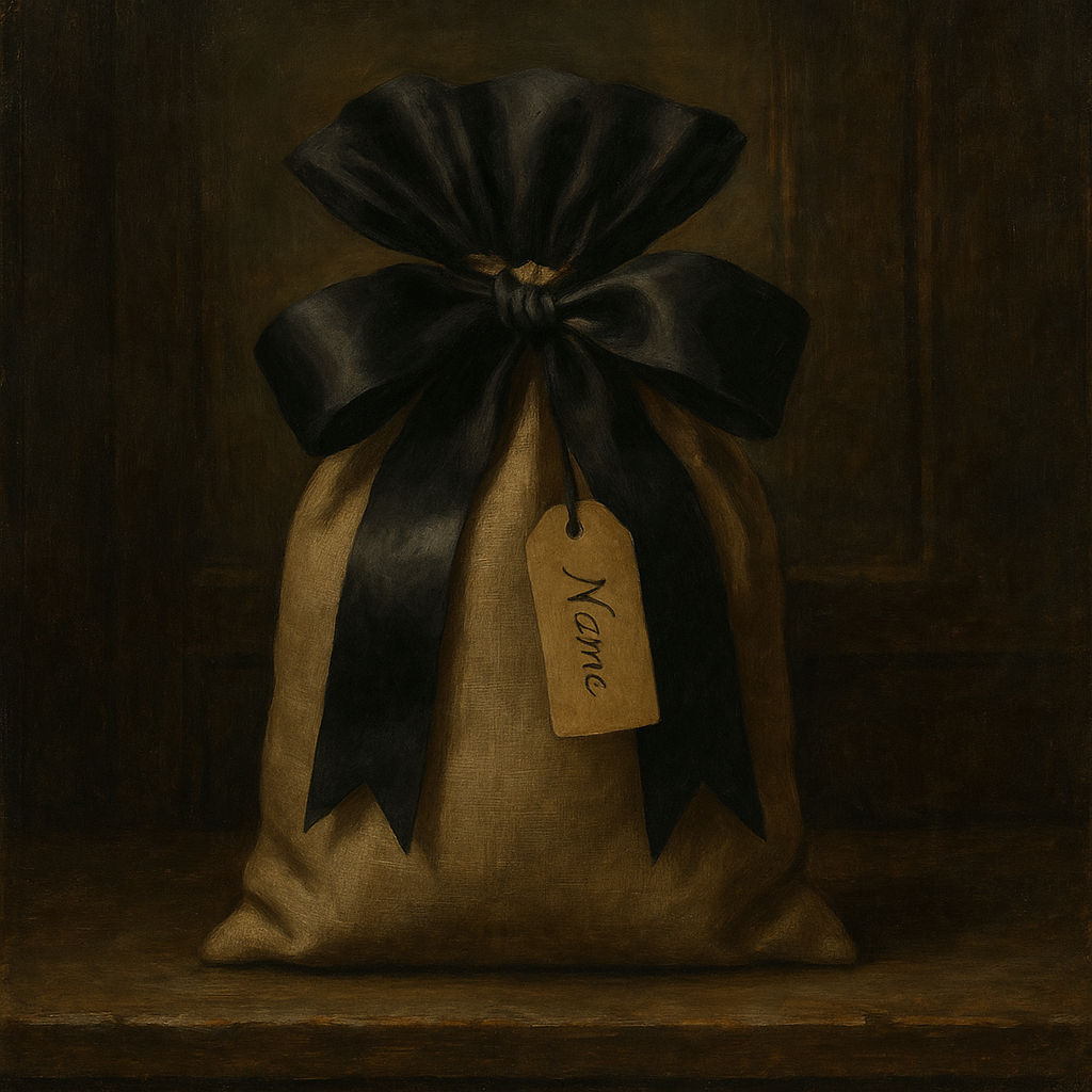 Brown burlap bag with a black ribbon and 'Name' tag on a dark background