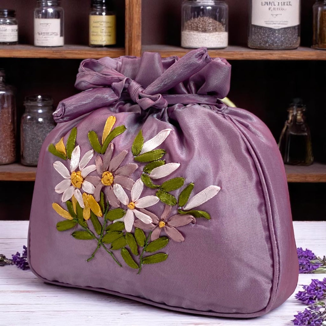 Floral Embroidery Satin Bag - Lavender
