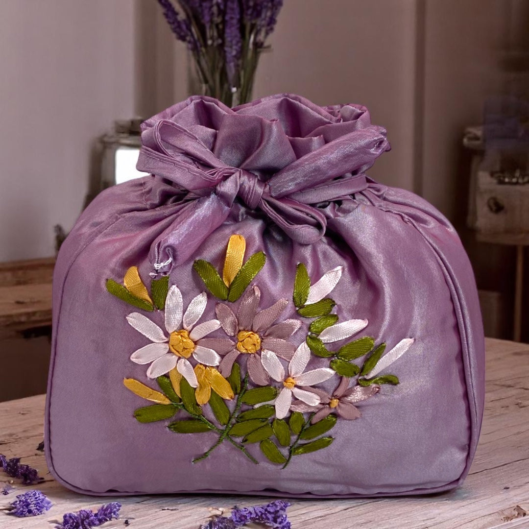 Floral Embroidery Satin Bag - Lavender