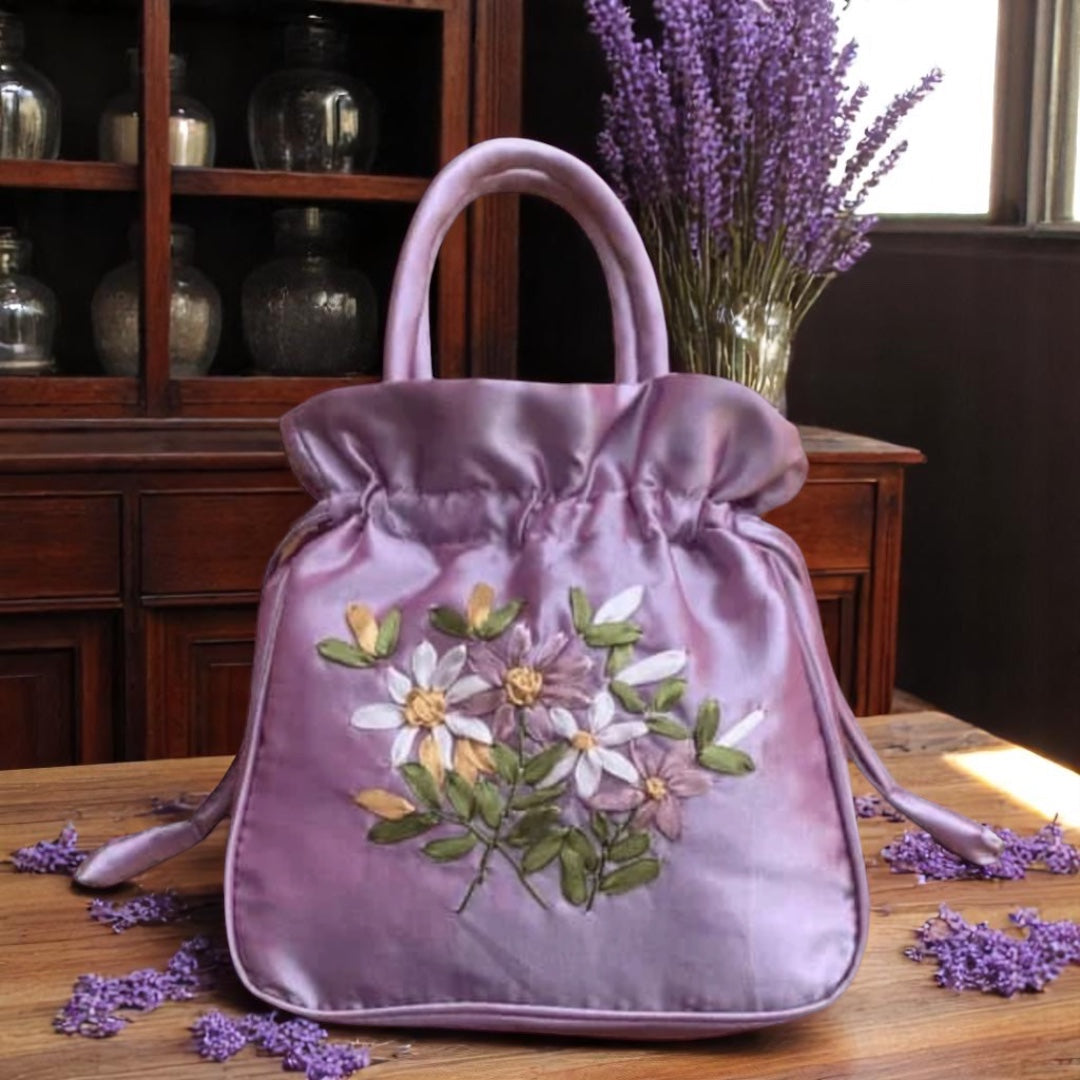 Floral Embroidery Satin Bag - Lavender