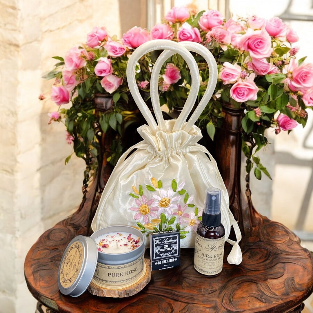 FLORAL AROMATHERAPY GIFT SET with Candle, Spray in Satin Bag