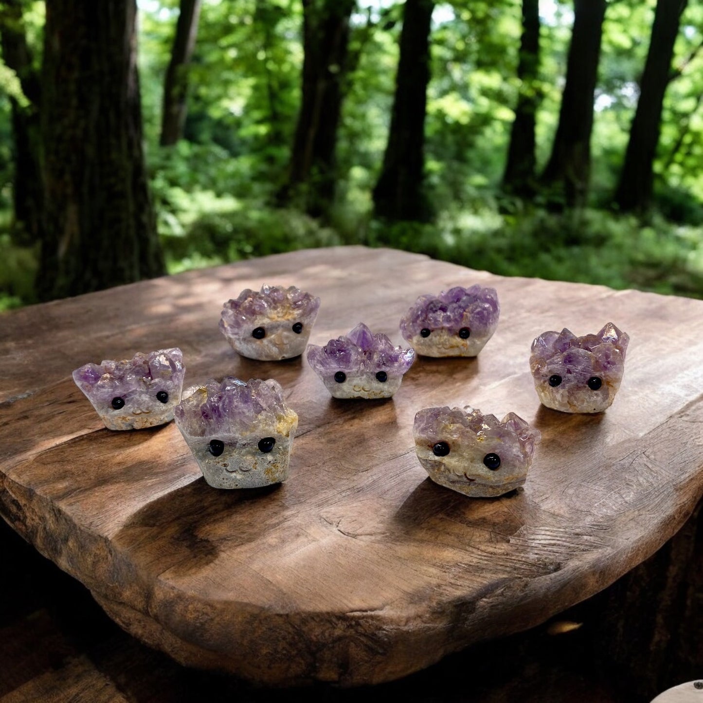 Amethyst Crystal Geode Rock Buddies with hand carved faces and black bead eyes.  Wax  Apothecary