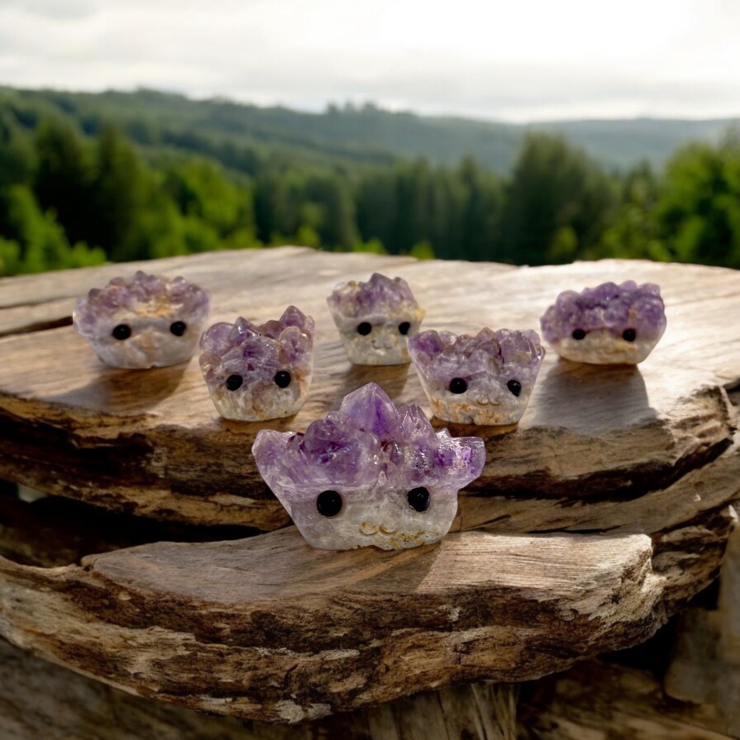 Amethyst Crystal Geode Rock Buddies with hand carved faces and black bead eyes.  Wax Apothecary