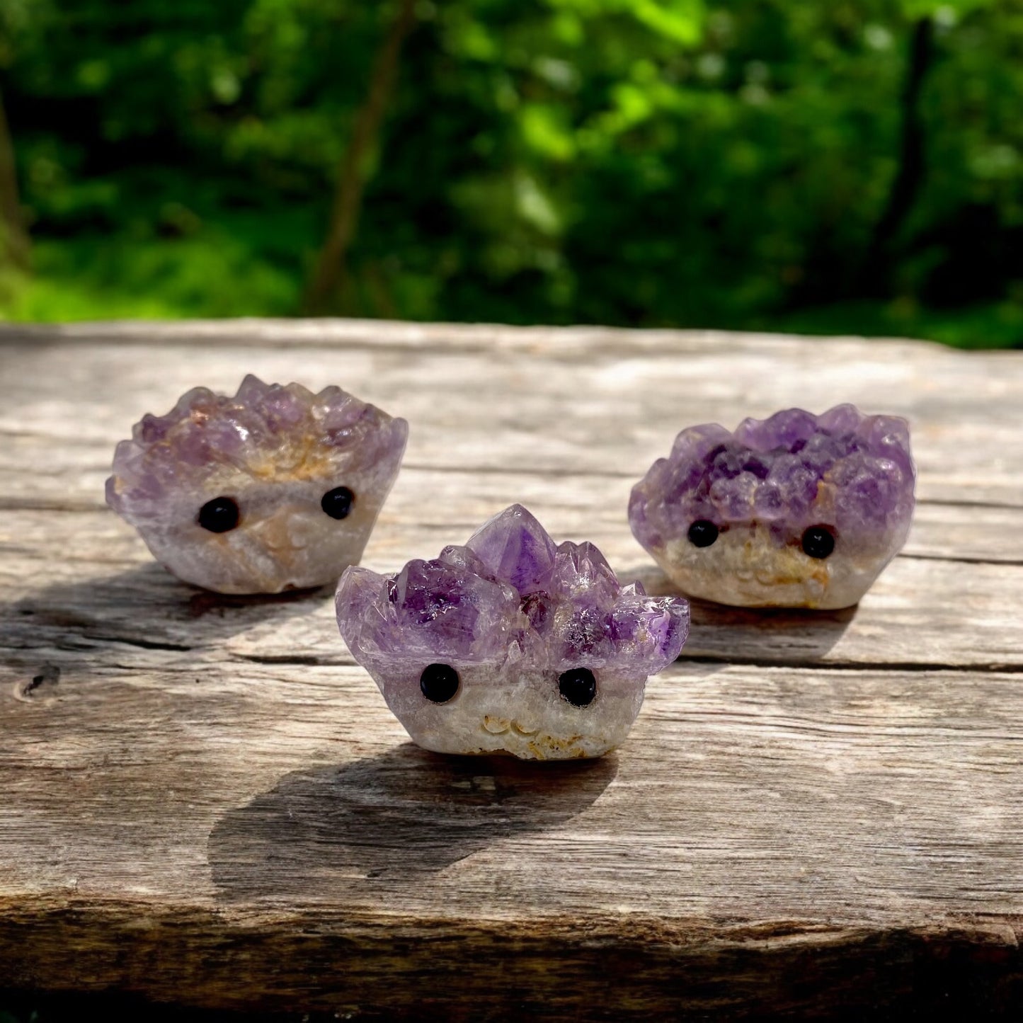 Amethyst Crystal Geode  Rock Buddies with hand carved faces and black bead eyes.  Wax Apothecary