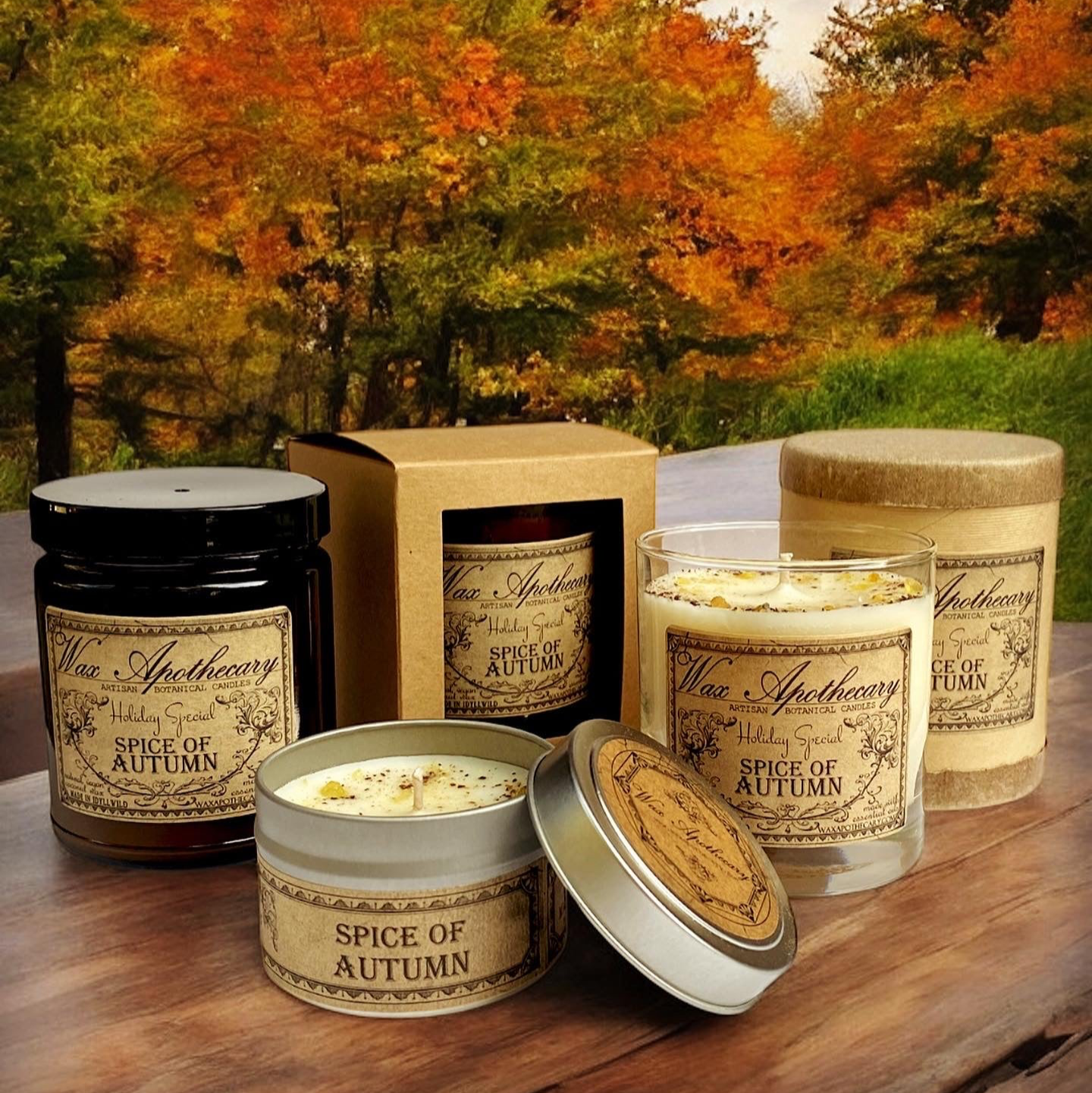 Spice of Autumn candles with a scenic autumn background