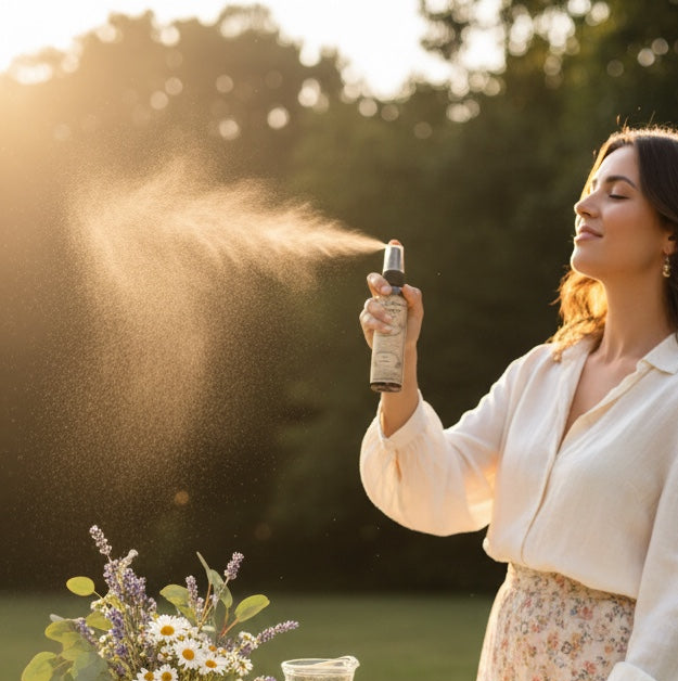 Woman spraying natural citronella outdoors near a table with a floral arrangement and lemonade.