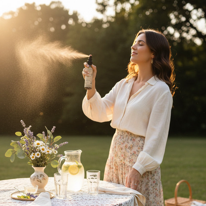 Woman in a white blouse and floral skirt standing by a table with a lace tablecloth, spraying something from a bottle.