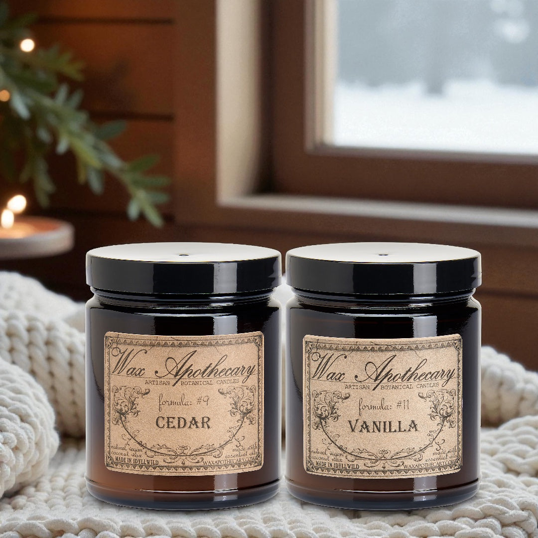Cozy Cabin Winter Candle Duo in 6oz Amber Glass