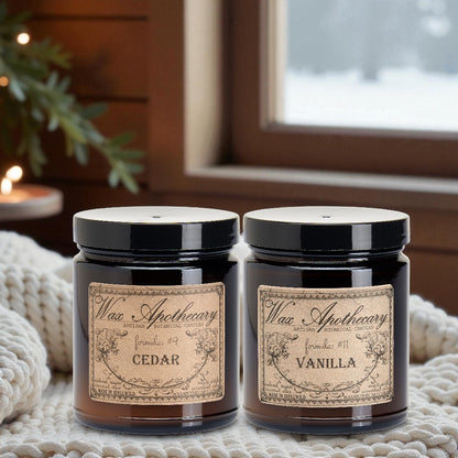 Cozy Cabin Winter Candle Duo in 6oz Amber Glass