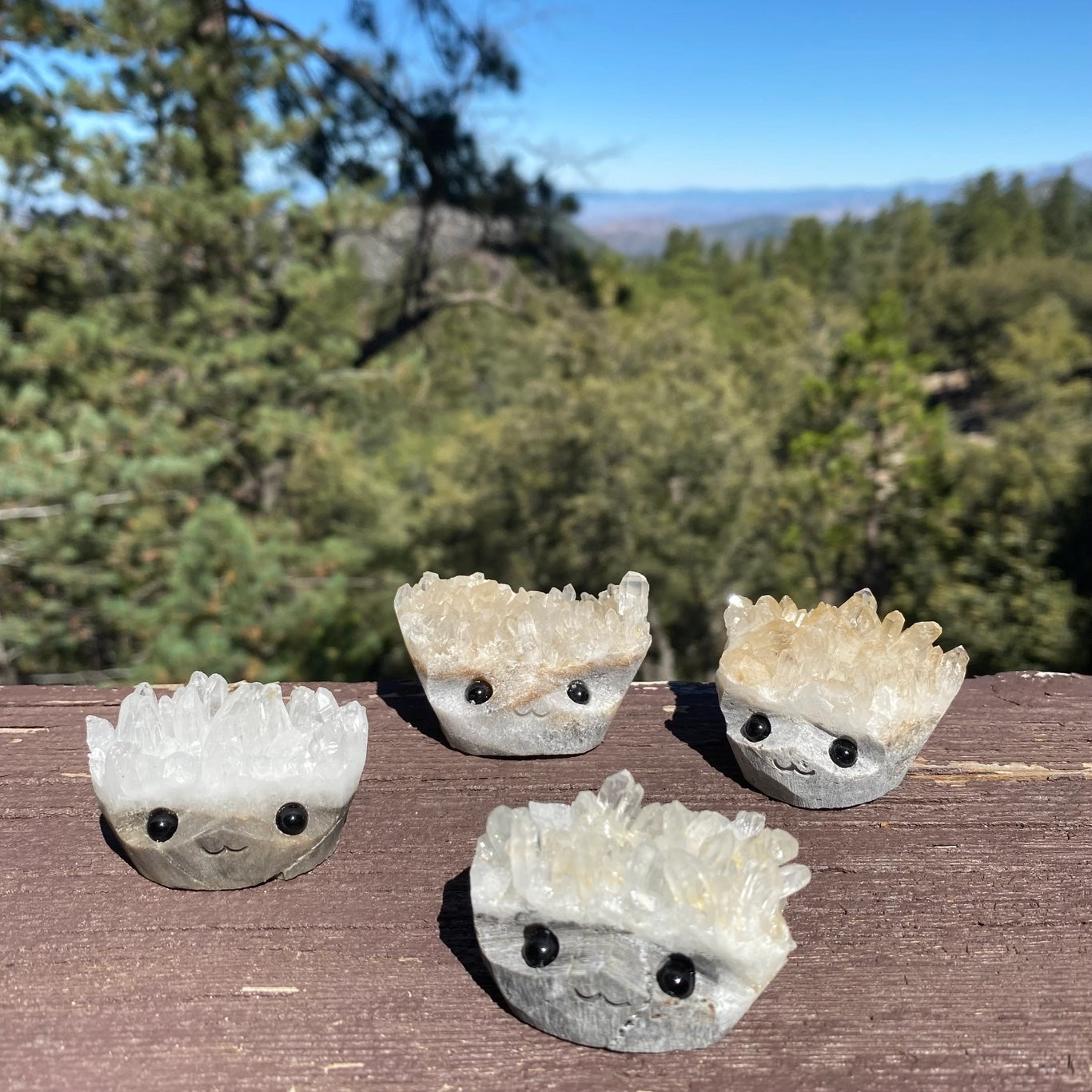 Crystal Geode Rock Buddies with hand carved faces and black bead eyes.  Wax Apothecary