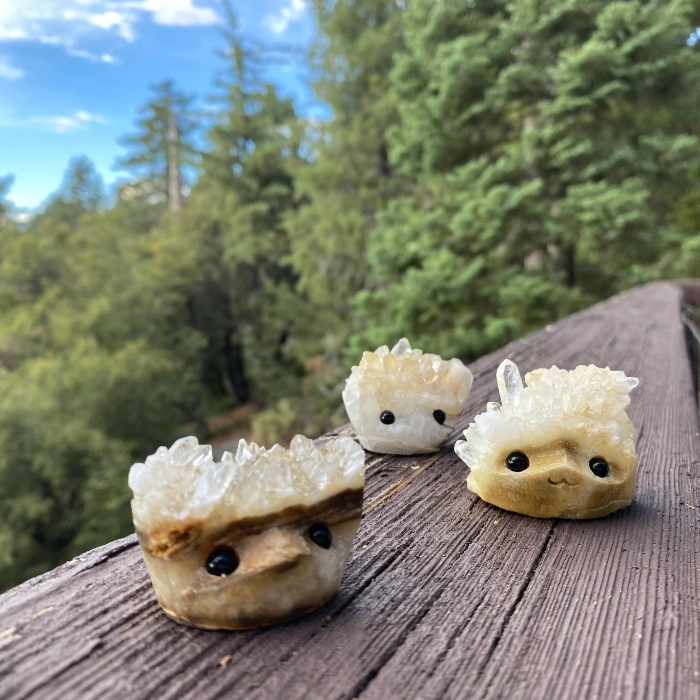 Crystal Geode Rock Buddies with hand carved faces and black bead eyes.  Wax Apothecary