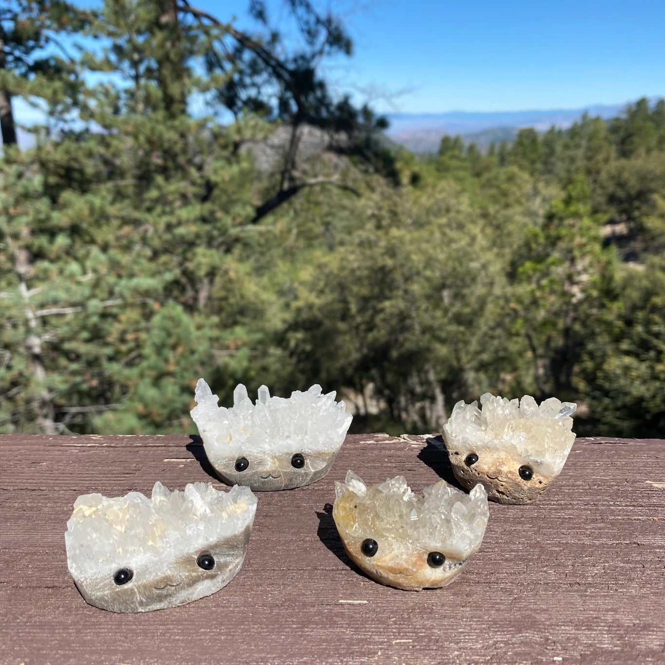 Crystal Geode Rock Buddies with hand carved faces and black bead eyes.  Wax Apothecary