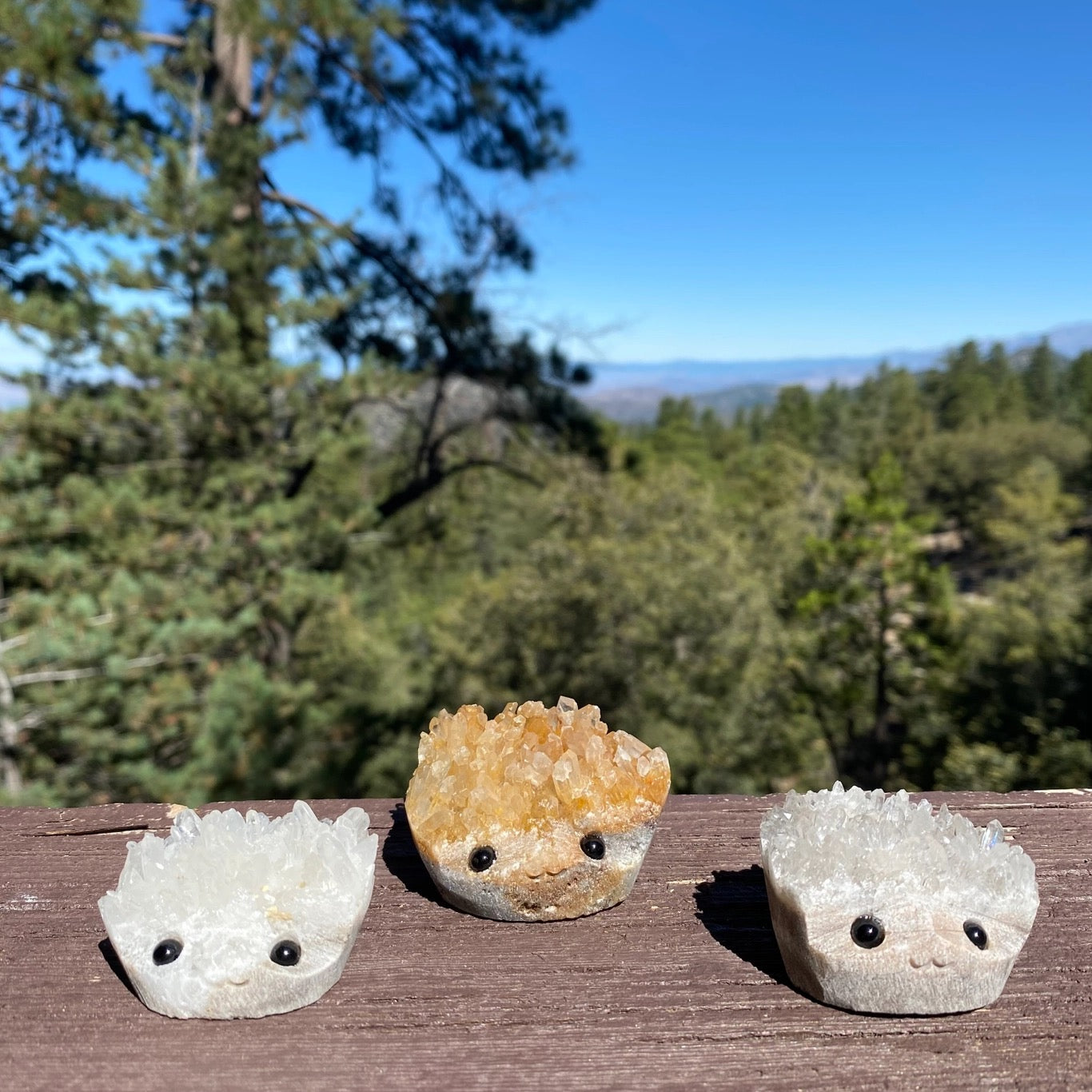 Crystal Geode Rock Buddies with hand carved faces and black bead eyes.  Wax Apothecary