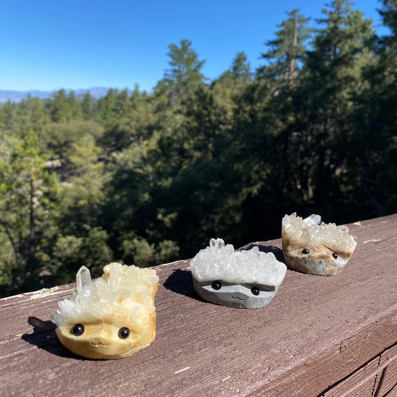 Crystal Geode Rock Buddies with hand carved faces and black bead eyes.  Wax Apothecary