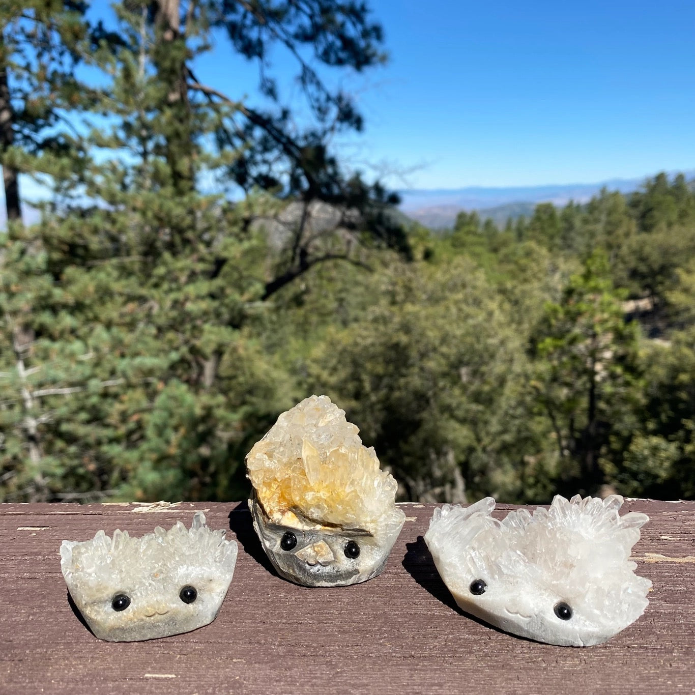 Crystal Geode Rock Buddies with hand carved faces and black bead eyes.  Wax Apothecary