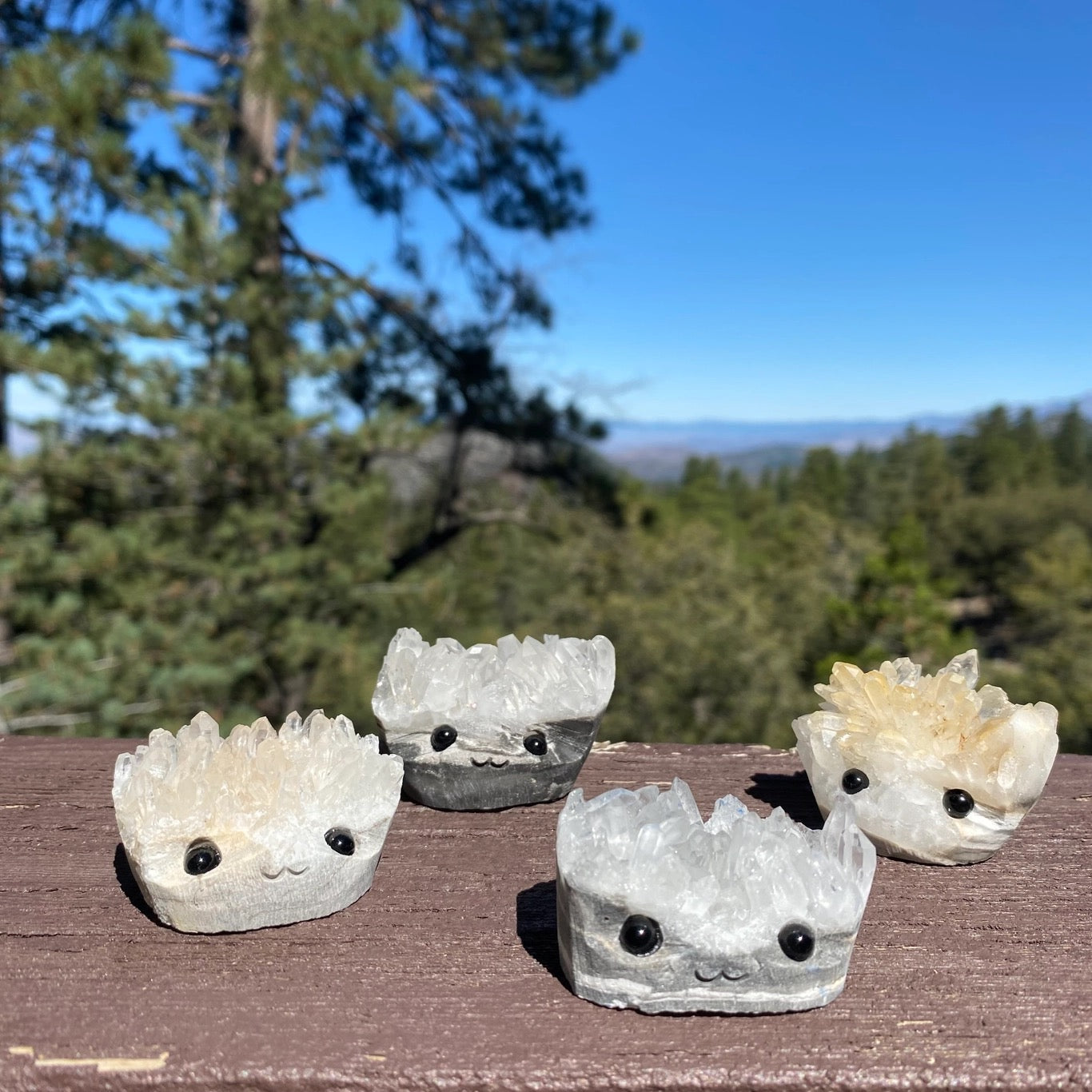 Crystal Geode Rock Buddies with hand carved faces and black bead eyes.  Wax Apothecary