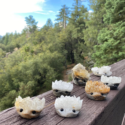 Crystal Geode Rock Buddies with hand carved faces and black bead eyes.  Wax Apothecary