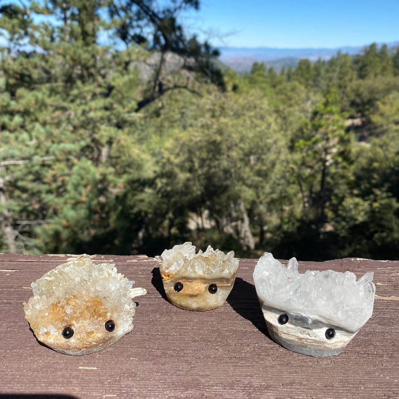 Crystal Geode Rock Buddies with hand carved faces and black bead eyes.  Wax Apothecary 