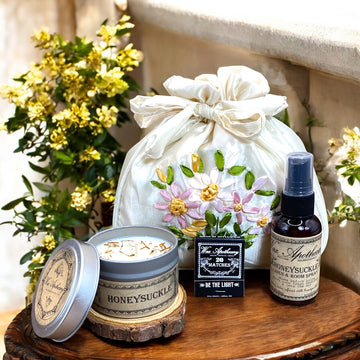 FLORAL AROMATHERAPY GIFT SET with Candle, Spray in Satin Bag