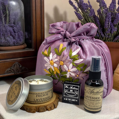 Lavender Aromatherapy Gift Set with Candle, Spray in Satin Bag