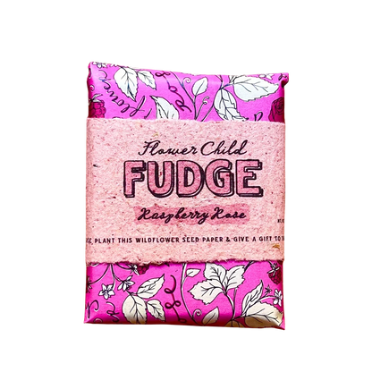 A pink scented flower seed paper wrapped in a paper band labeled 'Flower Child FUDGE Raspberry Rose' on a plain white background.