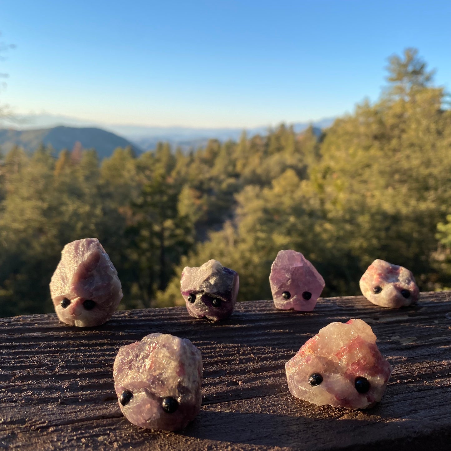 An assortment of rough cut gemstones with carved faces & black bead eyes.  Wax Apothecary