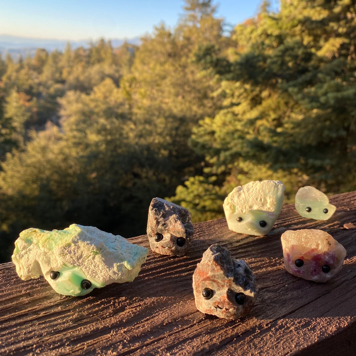 An assortment of rough cut gemstones with carved faces and black bead eyes. Wax Apothecary