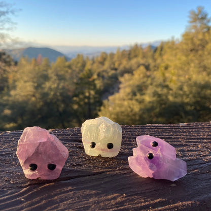 Stone  Buddies & Rock Friends, an assortment of rough cut gemstones with hand-carved faces & black bead eyes