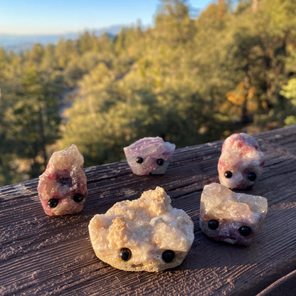 An assortment of rough gemstones with hand carved faces and black bead eyes.  Wax Apothecary