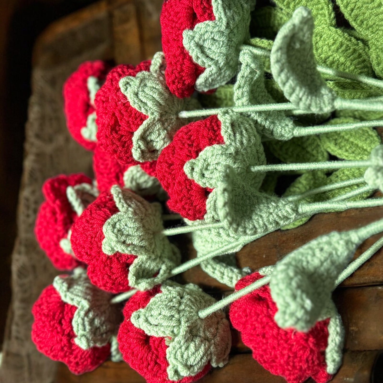 Hand crochet red long stem roses.  Wax Apothecary