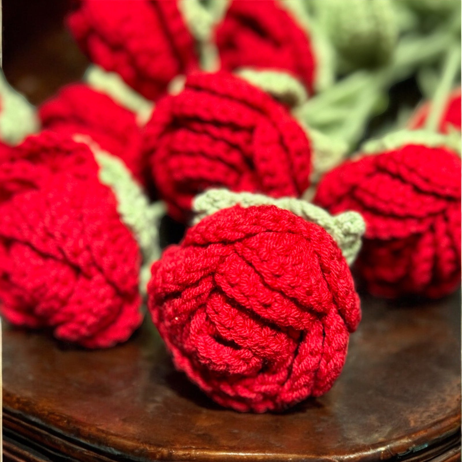 Hand crochet red long stem roses. Wax Apothecary