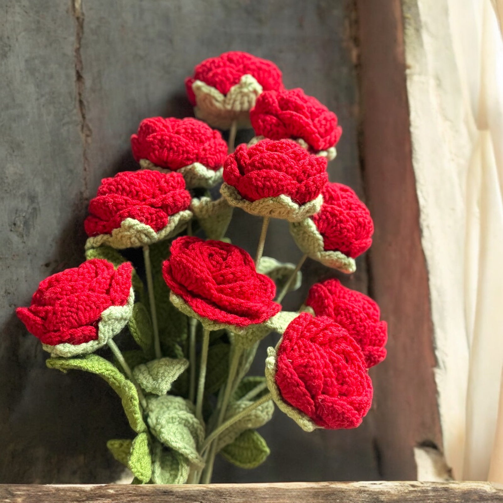 Hand crochet red long stem roses.  Wax Apothecary