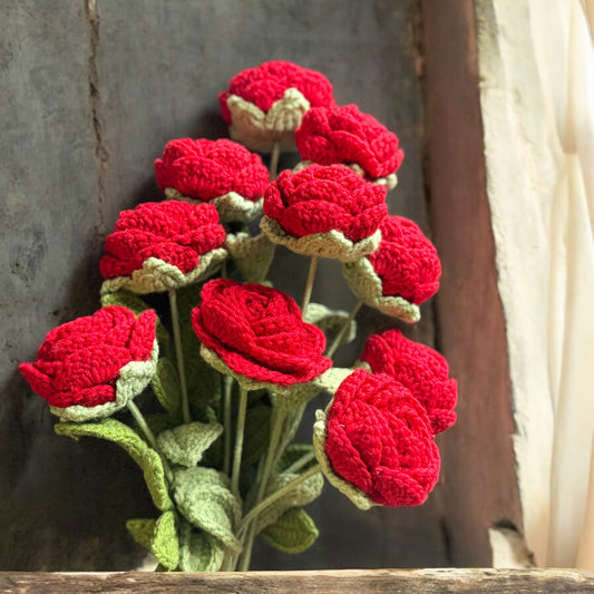 Hand crochet red long stem roses.  Wax Apothecary