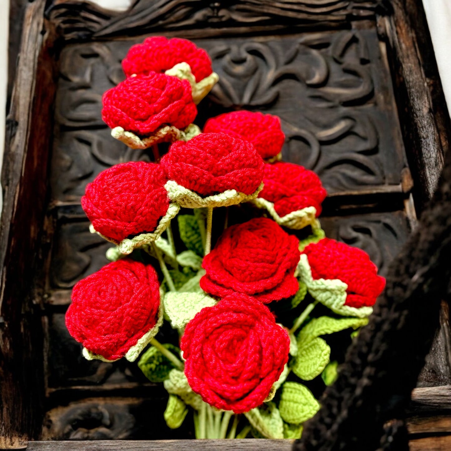 Hand Crochet long stem red roses.  Wax Apothecary