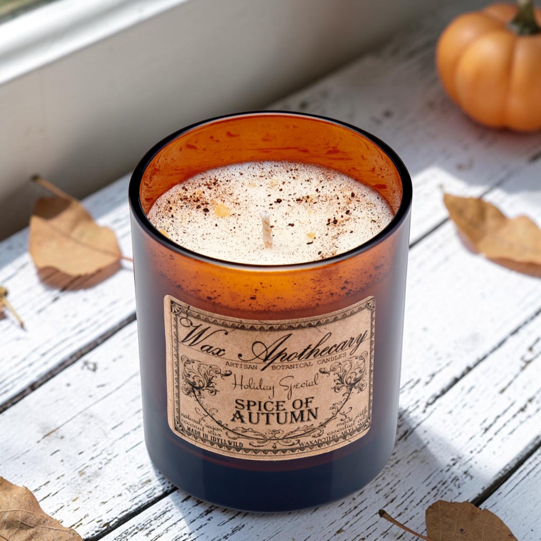 9 oz Spice of Autumn Artisan Amber Glass Candle *Seasonal