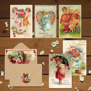 Vintage Valentine Cards Set (11 Designs) with Envelopes & Seals | 4x6" Antique Victorian Reproduction Collection